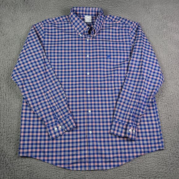 Brooks Brothers Oxford Button-Down Shirt Mens XL Blue Plaid OCBD Logo Regent - Picture 2 of 9